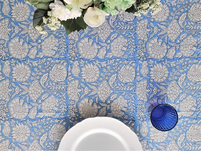 ATOSII Azora Blue 100% Cotton Rectangle Summer Tablecloth, Block Print Floral Table Cloth for Dining, Outdoors, Parties, Weddings I Grand Millenial Decor 60 X 90 Inches I 6 Seater I Memorial Day