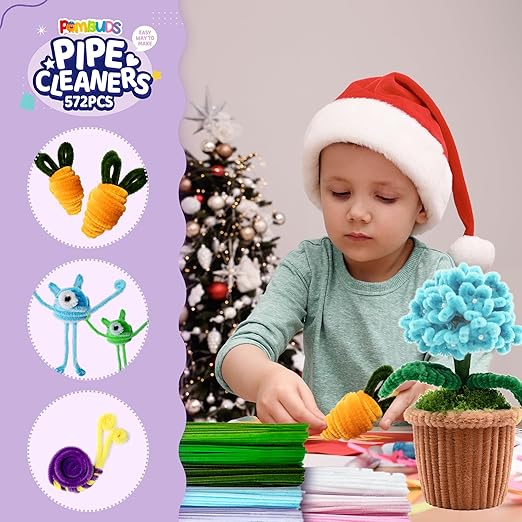 572 PCS Pipe Cleaners Flower Kit, 13 Colors Chenille Stems with Floral Wires, Stamen, Tapes, Dot Glue, Instruction & Gift Box – DIY Craft Set for Handmade Bouquets