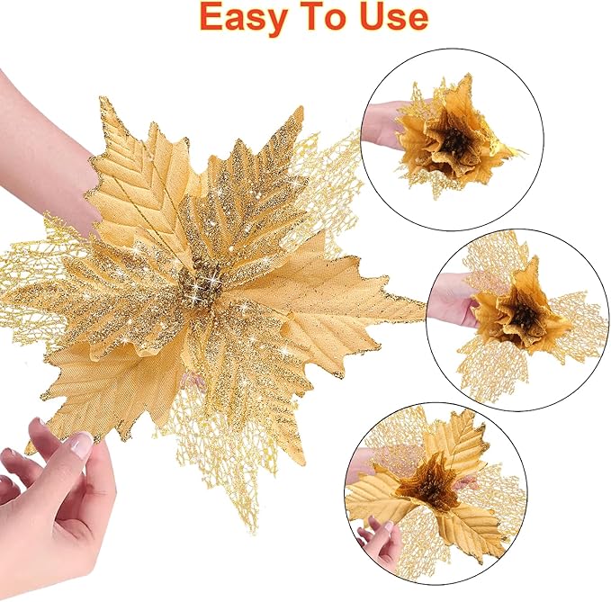 10'' Large Christmas Glitter Poinsettia Flowers Decorations, stadeco 10 Pcs Christmas Tree Picks Ornaments Artificial Flowers with Long Stems for Xmas Tree Wreath Garland Wedding Party DIY Decor