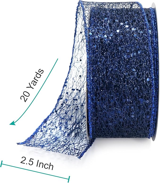 CT CRAFT LLC Sparkling Glitter Mesh Wired Ribbon 2.5" x 20 Yards Blue Navy for Christmas Home Decor Bow Gift Wrapping DIY Crafts Wreath