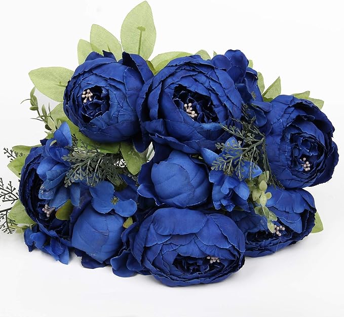 Flojery Silk Peony Bouquet Vintage Artificial Peonies Flower for Home Wedding Party Decor (1pcs, Royal Blue)