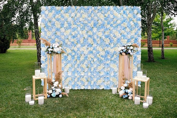 Blue Flower Backdrop Wall 5ftx3.74ft Fake Rose Wedding Backdrop 3D Floral Wall Panels for Baby Shower Party Bridal Wedding Background Decor