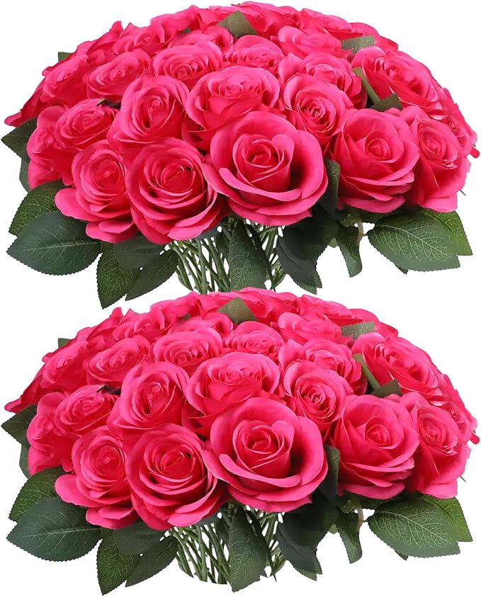 52pcs Hot Pink Roses Artificial Flowers Fake Flowers Silk Roses with Stems for DIY Wedding Bouquets Bridal Shower Centerpieces Arrangements Party Decorations