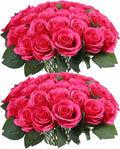 52pcs Hot Pink Roses Artificial Flowers Fake Flowers Silk Roses with Stems for DIY Wedding Bouquets Bridal Shower Centerpieces Arrangements Party Decorations