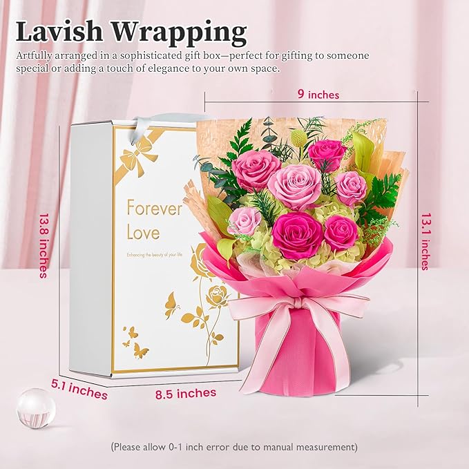 Forever Flowers Gifts for Her, Preserved Flowers Bouquet Birthday Gifts for Women, Preserved Roses for Grandma Wife Anniversary Valentine's Day Mother's Day (7Roses, Hot Pink)