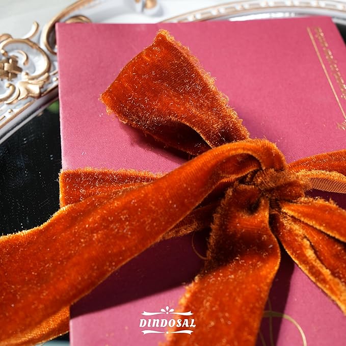 Copper Velvet Ribbon 1.5 inch Copper Frayed Velvet Ribbon Raw Edge Ribbon for Wreaths, Christmas Thanksgiving Decor, Flower Bouquet, Gift Wrapping, Bows Making-3 Yards