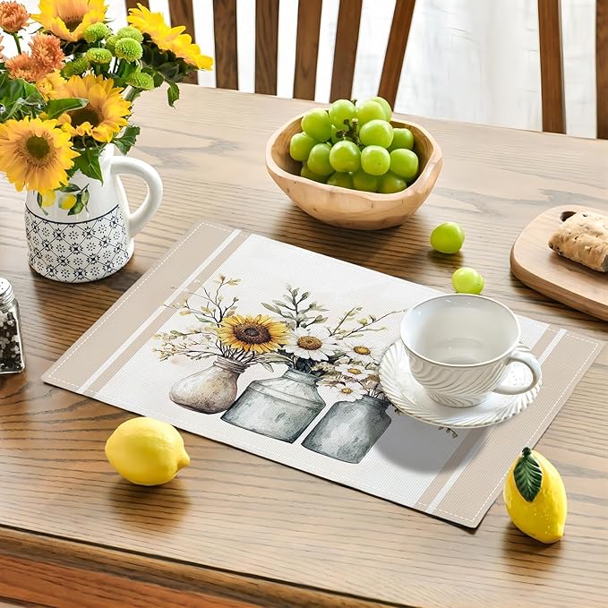 Farmhouse Sunflower Placemats Set of 4, Rustic Daisy Place Mats, Country Dining Table Mats, Washable Spring Placemats for Kitchen Dining Room Home Decor 18L'' × 12W''