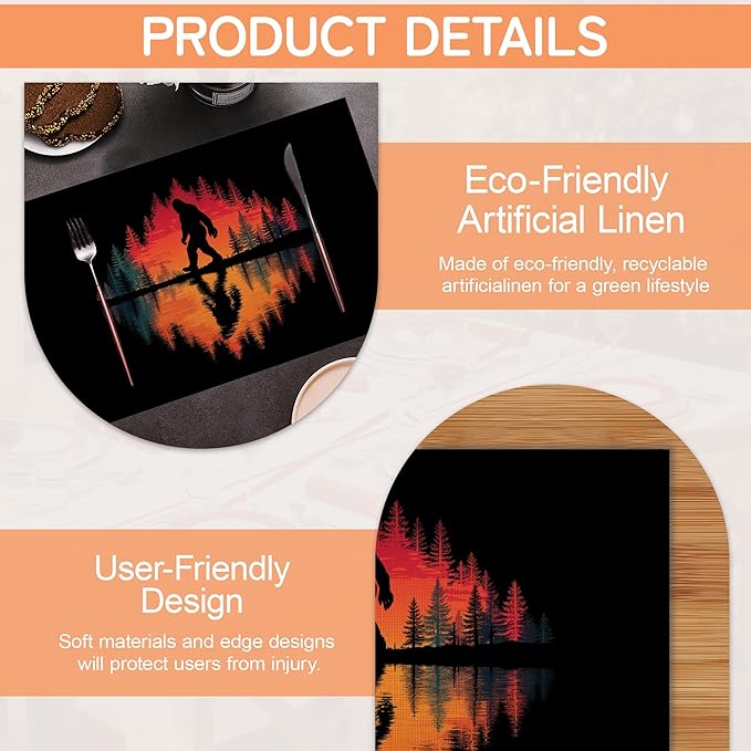 Big Foot Forest Placemats Set of 6,Washable Kitchen Dining Linen Table Mats for Home Party Dinner Indoor Outdoor 12x18Inch