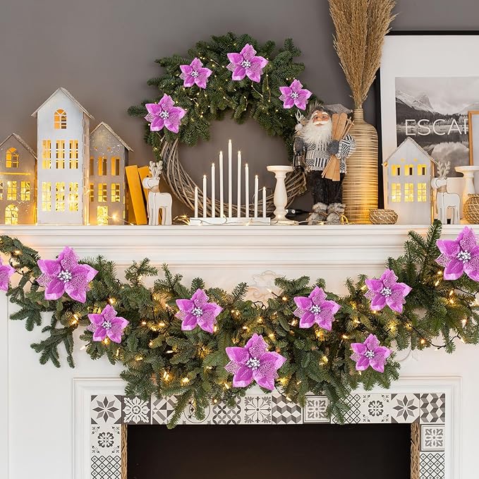 WILLBOND 36 Pieces Christmas Poinsettia Glitter Faux Flowers Christmas Artificial Flowers Tree Ornaments Topper Xmas Decorations(Light Purple)
