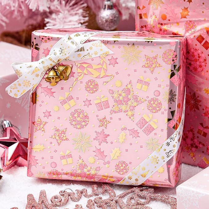 MAYPLUSS Christmas Wrapping Paper Roll - 17 Inch X 33 Feet - Gold Reindeer Star Snowflake Star Reversible HO Gift Wrapping Paper, Thick Wrap Paper for Holiday Party New Year Kids