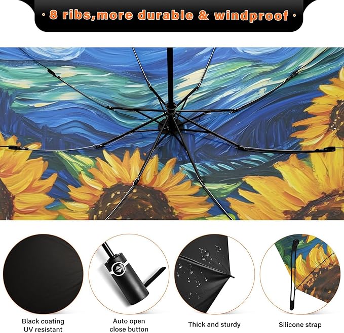 Automatic Folding Umbrella Windproof Strong, UV Protection Compact Floral Hydrangea Hummingbird Sun Rain Sun Rain Travel Umbrellas for Women Men