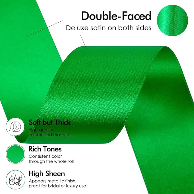 MEEDEE Satin Ribbon - Emerald Green, 1-1/2 Inch, Double Faced, 50 Yards for Christmas, Crafts, Weddings, Flowers, Holidays