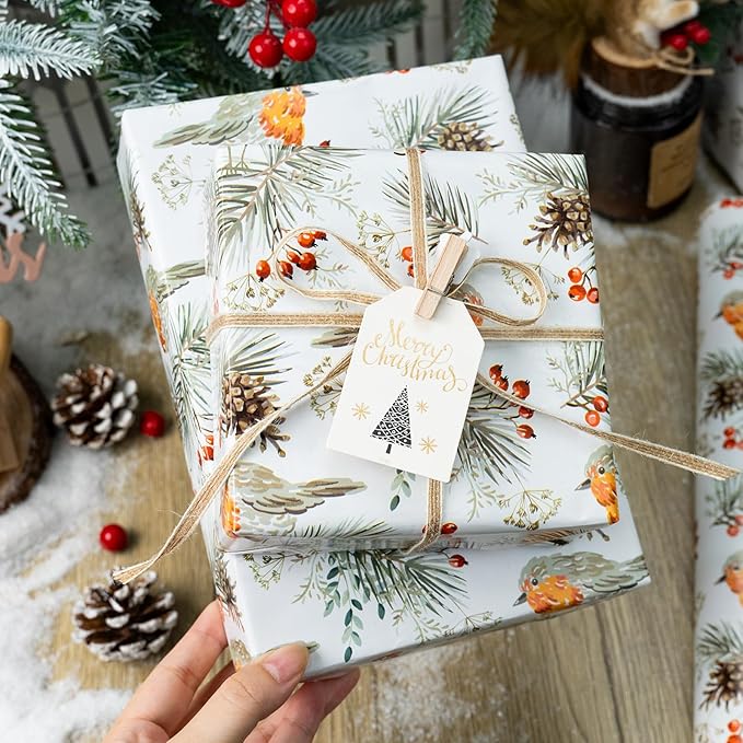 MAYPLUSS Christmas Wrapping Paper Roll - 17 In x 33 Feet - Cute Watercolor Bird Pinecone Gift Wrap Paper for New Year, Holiday, Kids