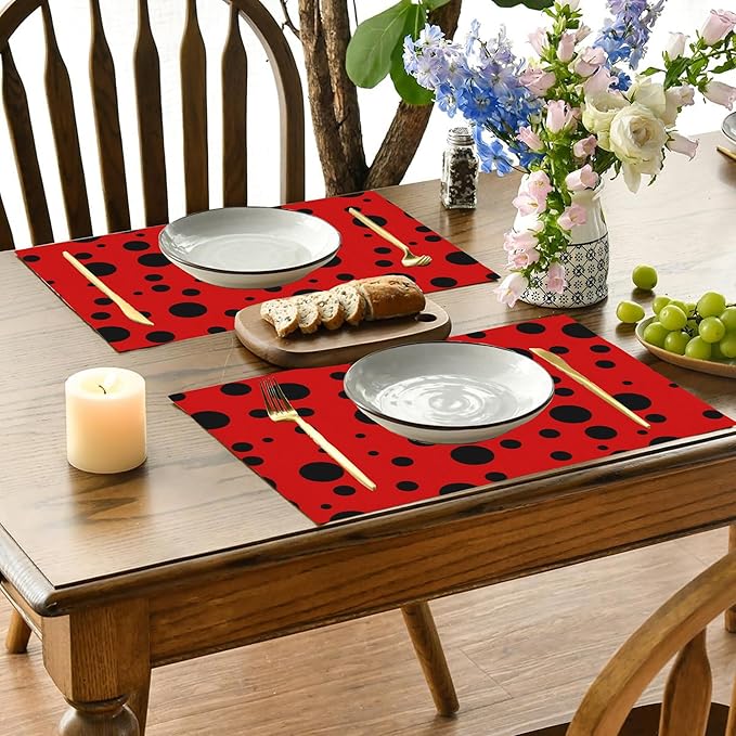 Black Spots Placemats Set of 4, 12x18 Inch Non-Slip Washable Heat Resistant Linen Fabric Table Mats,Place Mats for Holiday Party