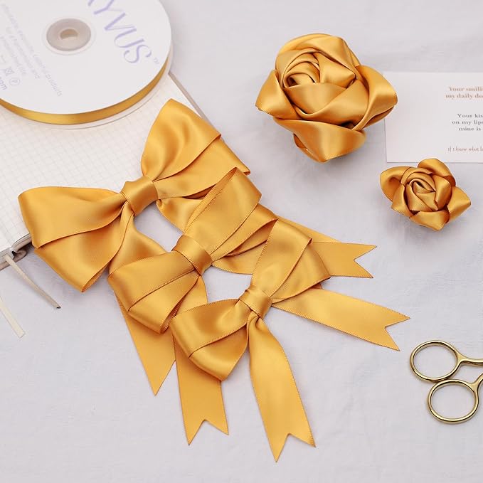Old Gold Satin Ribbon, Double Faced 2 Inch X 25 Yards Old Gold Ribbon, Premium Satin Ribbon for Gift Wrapping, Crafts, Hair Bow Making, Sewing, Flower Bouquet, Wedding Party Decor