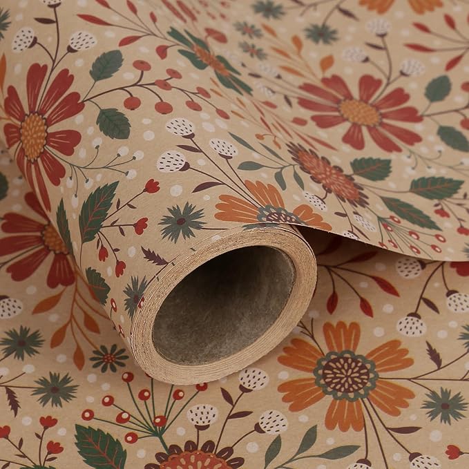 Aimyoo Kraft Floral Wrapping Paper Roll - Mini Roll - 17 Inch x 16.4 Feet - All Occasion Vintage Flower Gift Wrap Paper for Mother's Day Wedding Birthday Bridal Shower