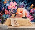 Hand-Painted Pink Botanical Floral Wall Mural, Peony Blossom Wallpaper, Decorative Background Mural（Non-self-Adhesive）
