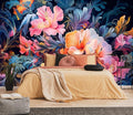 Hand-Painted Pink Botanical Floral Wall Mural, Peony Blossom Wallpaper, Decorative Background Mural（Non-self-Adhesive）