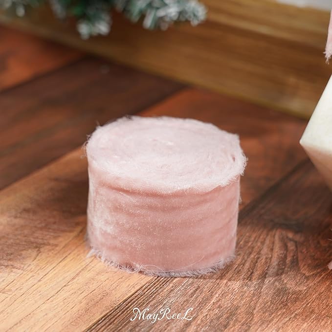 MAYREEL Dusty Rose Velvet Ribbon 2 Inch Hand Torn Pink Silk Frayed Edge Ribbon for Valentine's Day Bridal Bouquets Invitations Wedding Vow Books Gift Baskets Hair Bows 3 Yards