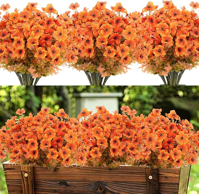 Fall Artificial Flowers for Outdoors Fake Mums for Outside 20 Bundles Faux Silk Orange Dasiy Flower Look Real UV Resistant No Fade Faux Fall Flowers for Front Door Porch Autumn Decoration