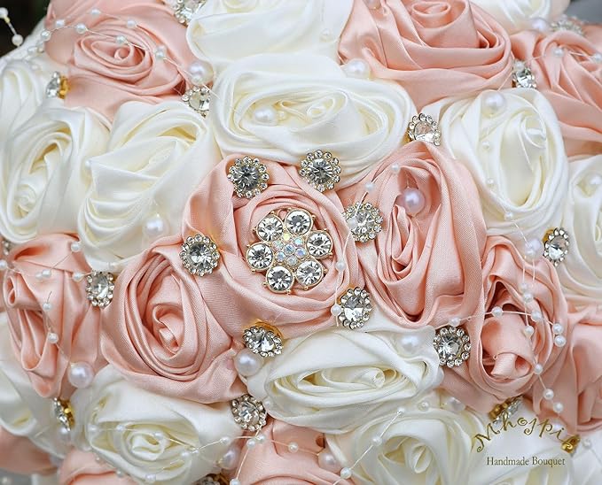 Bridal Wedding Bouquet Round Bling Brooch Bouquet Throw Toss Artificial Rose Flower Bunch for Bride Bridesmaid Wedding Quinceanera(Peach Pink & Ivory, 8.7")