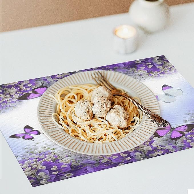 Purple Butterfly Flowers Placemats Set of 6,Spring Summer Flower Place Mats Washable for Kitchen Dining Table Heat Resistant Decorative Colth Table Mats 6 PCS, Style-1