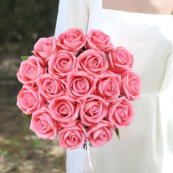 Hawesome Fake Roses Artificial Silk Flowers - 12 Pcs Pink Roses Artificial Faux Flowers with Stems for Home Wedding Centerpiece Hotel Office Decor