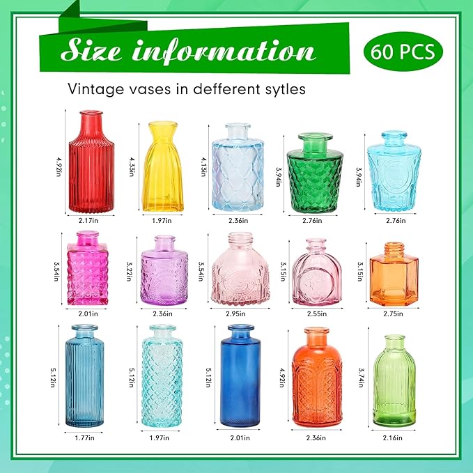 Yaomiao 60 Pcs Vases Bulk Colored Flower Glass Christmas Vases Bud Vintage Colored Glass Bottles Colorful Rustic Embossed for Home Wedding Table Decorations Gifts(Vivid Color)