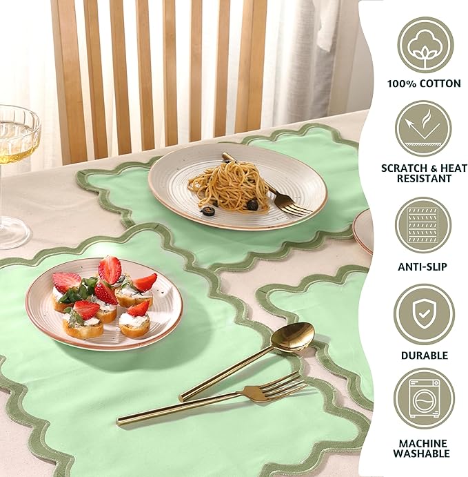 Folkulture Christmas Placemats – Set of 4 (13 x 19 Inches) | 100% Cotton Scalloped Sage Green Placemats | Heat Resistant Table Mats for Christmas Decorations and Xmas Dining Table Décor