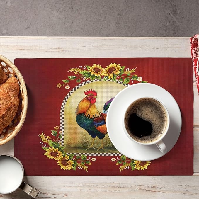 Rooster Sunflower Placemats Set of 4, Farmhouse Country Farm Chicken Animal Red Double-Sided Table Mats for Kitchen Dining Room Home Party Indoor Decor 4 PCS 12x18 Inch