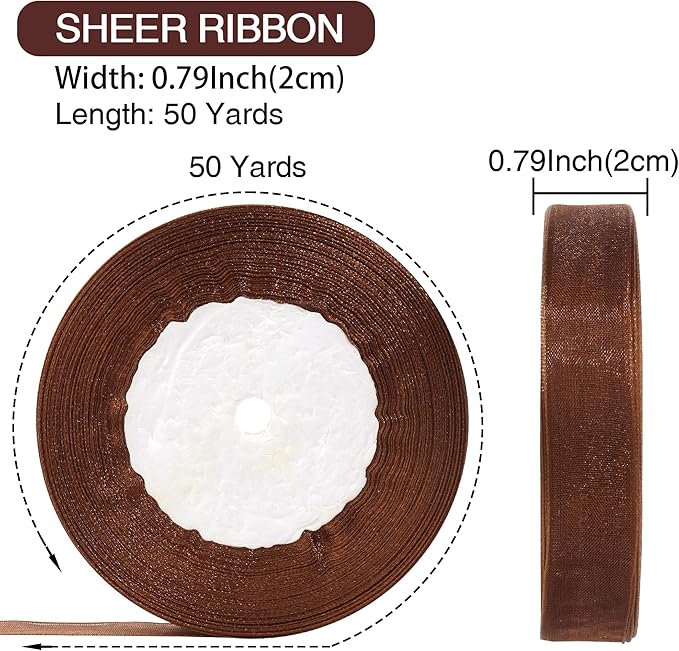 3/4 Inch x 50 Yards Sheer Organza Ribbon Chiffon Ribbon for Gift Wedding Flower Bouquet Wrapping Decorations Crafts (Brown)