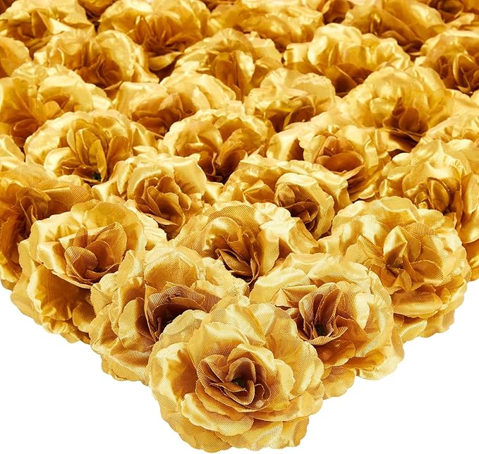 Bright Creations Gold Flowers Artificial Roses - 50-Pack, 3 in, Stemless Silk Rose Heads for Home & Wedding Decor & Faux Bouquets & Floral Accents