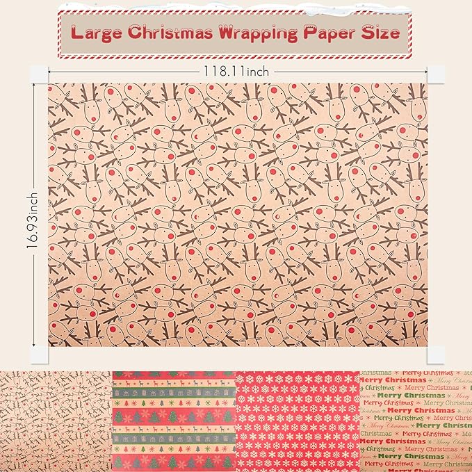 Happypapa Christmas Wrapping Paper, Kraft Xmas Wrapping Paper Rolls - Snowflakes, Reindeer, Gift and Merry Christmas Pattern - 4 Rolls - 17 Inch × 120 Inch Per Roll