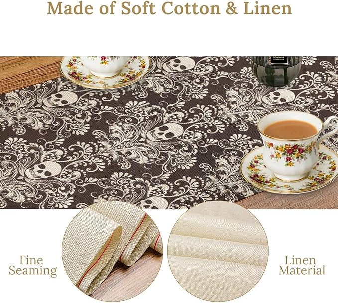 Gothic Table Runner,Damask Skull Victorian Black Floral Boho Table Runner for Home Kitchen Table Dining Garden Farmhouse Wedding Party Decor 13x108 Inch