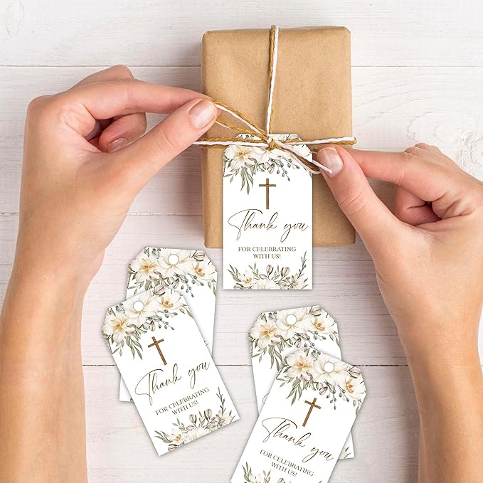 Thank You for Celebrating with Us Tag, 50 Pcs Baptism Paper Lables, 2x3 Inch Baptism Floral Gift Tags with String for Wedding Birthday Baby Shower Bridal Shower, Party Decoration-A02