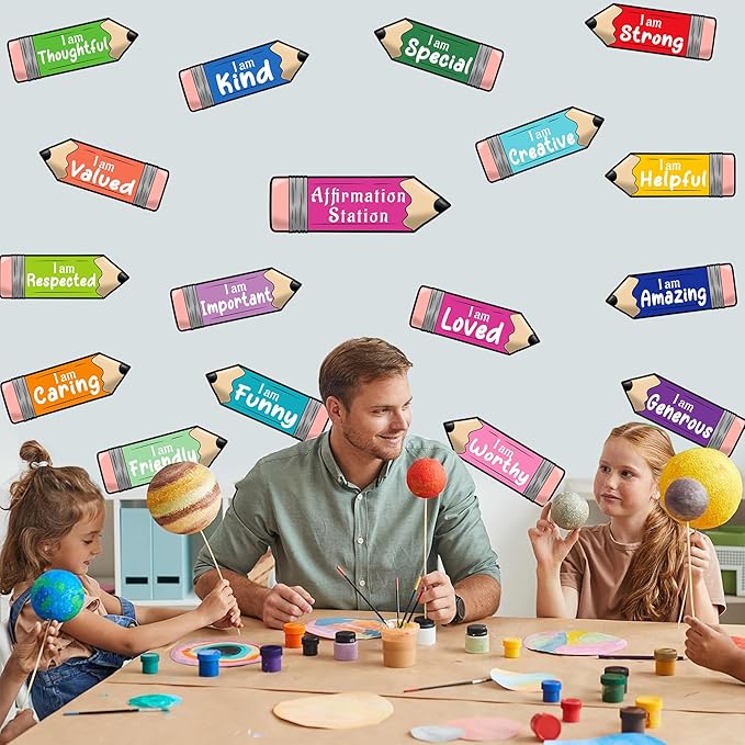 Watercolor Inspirational Mirror Decals Pencil Cutouts Stickers for Bulletin Board Set Kids Motivational Stickers for Galss Window Positive Affirmation Wall Decal for Playroom Nursery Teacher Supplies
