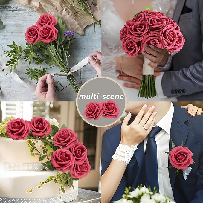 Artificial Flowers 50PCS Burgundy Roses Real Looking Foam Fake Roses with Leaves and for DIY Wedding Bouquets Bridal Shower Centerpieces Party Decorations (Burgundy)