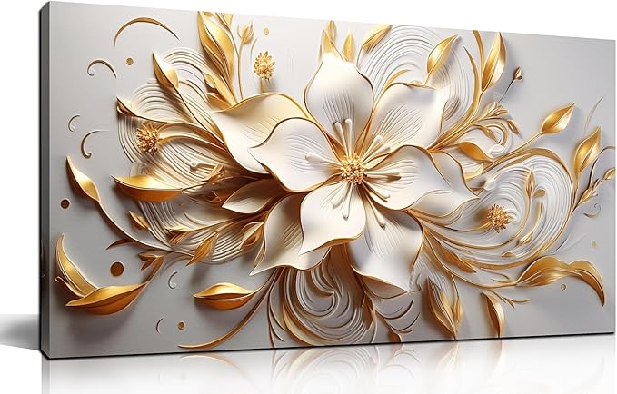 Flower Painting Wall Decor Living Room White and Gold Wall Art for Bedroom Modern Art Wall Decor Office Size 20" x 40"