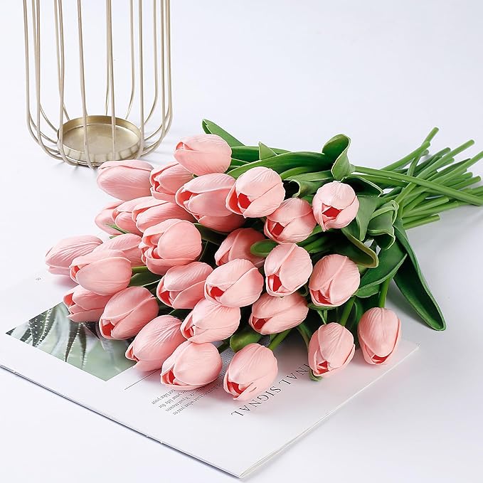 Sggvecsy 15 Pcs Fake Tulips Artificial Flowers Real Touch PU Faux Flowers Tulip Stems for Wedding Spring Bouquet Floral Arrangement Home Party Office Decorations for Mother's Day (Milk Pink)