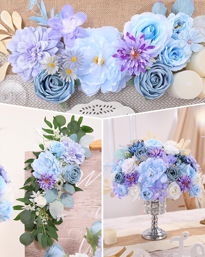 Senseya Artificial Flowers Combo, Blue Purple Silk Roses, Peonies, Dahlias with Stems for DIY Wedding Bouquets, Baby Shower, Table Centerpieces, Home Decor, Fake Floral Arrangements, Party Decorations