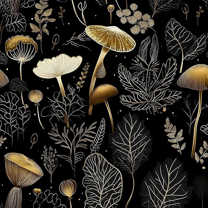 Boho Wallpaper Peel and Stick Dark Floral Contact Paper 17.5" x 197" Vinyl Self Adhesive Vintage Mushrooms Wall Mural Leaf Wall Paper for Room Countertop Drawer Decor(Golden,Black)