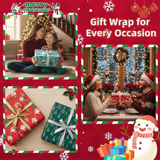 Christmas Wrapping Paper (4 Rolls, 148 sq. ft. ttl): Funny Snowmen, Snowflakes, Reindeer, Bear, Christmas Trees and Santa Claus with Gifts Design for Holiday Gift Wrap- 30 Inches x 14.8 Feet Per Roll