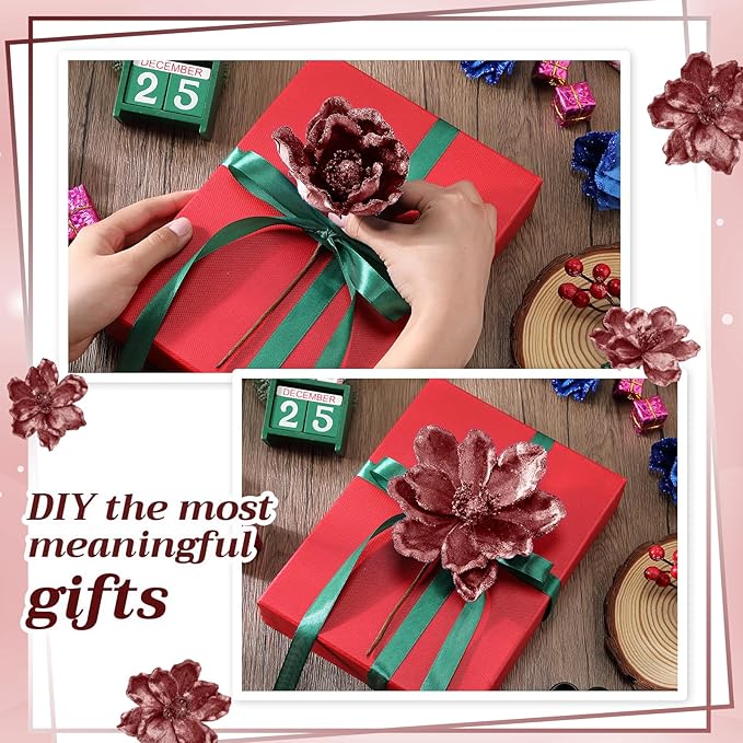 20 Pcs Christmas Glitter Poinsettia Magnolia Flowers Ornaments Large Heads Artificial Magnolia Flowers for Christmas Tree Xmas Wreath Holiday Wedding Decor(Rose Gold)