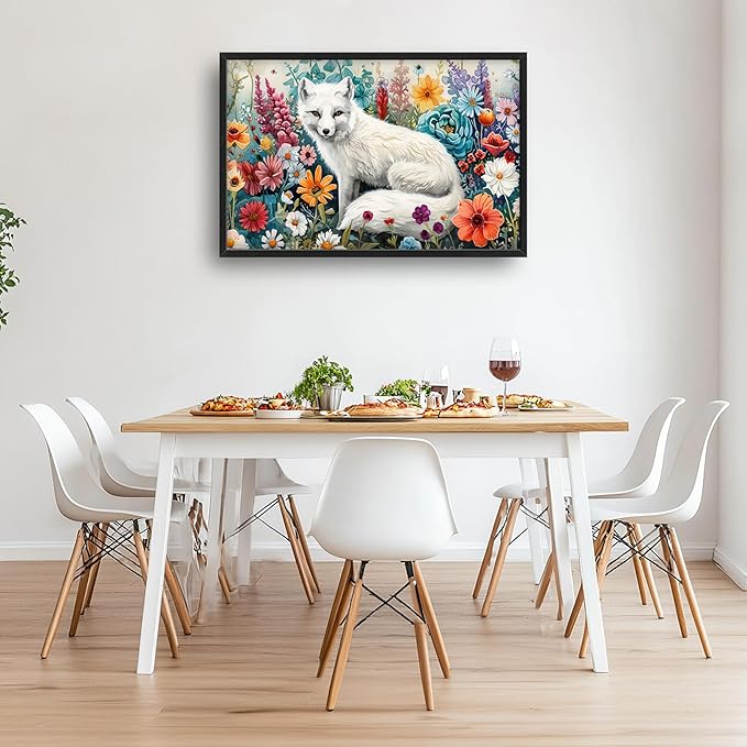 Framed Large Pictures Wall Art for Living Room, White Fox Oversized Wall Decor Animal Floral Canvas Print Painting Modern Extra Large Framed Artwork for Bedroom Office 36"x24"