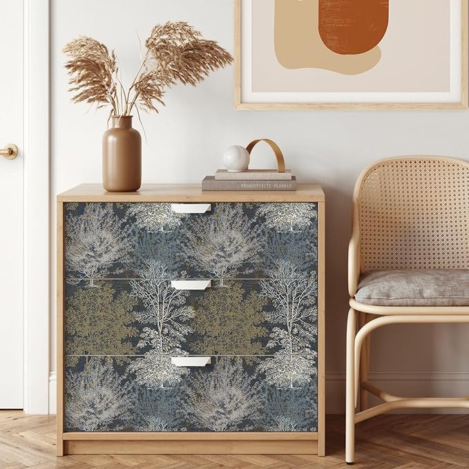 Vintage Forest Peel and Stick Wallpaper - Hand Drawn Tree Mural for Bathroom, Bedroom Walls, Cabinets, Shelves - 17.71"*236.2