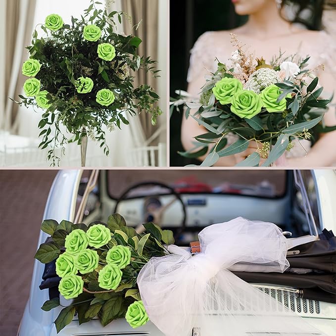 Artificial Flowers Roses Real Looking Foam Fake Roses with Leaves and for DIY Wedding Bouquets Bridal Shower Centerpieces Party Decorations (Green, 200)