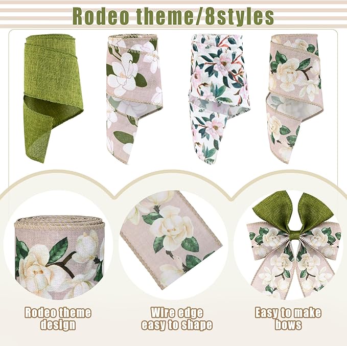 4 Rolls 20 Yards Magnolia Flower Wired Edge Ribbon Spring Floral Patterned Ribbon for Gift Wrapping Wreath Bow Making Craft Supplies, 2.5 inch