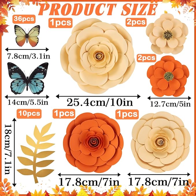 Large Paper Flowers Decorations for Wall, Artificial 3D Flower Wall Decor with Butterfly Sticker Orange Champagne Floral Wall Decal for Classroom Spring Garden Tea Bulletin Board Decorations