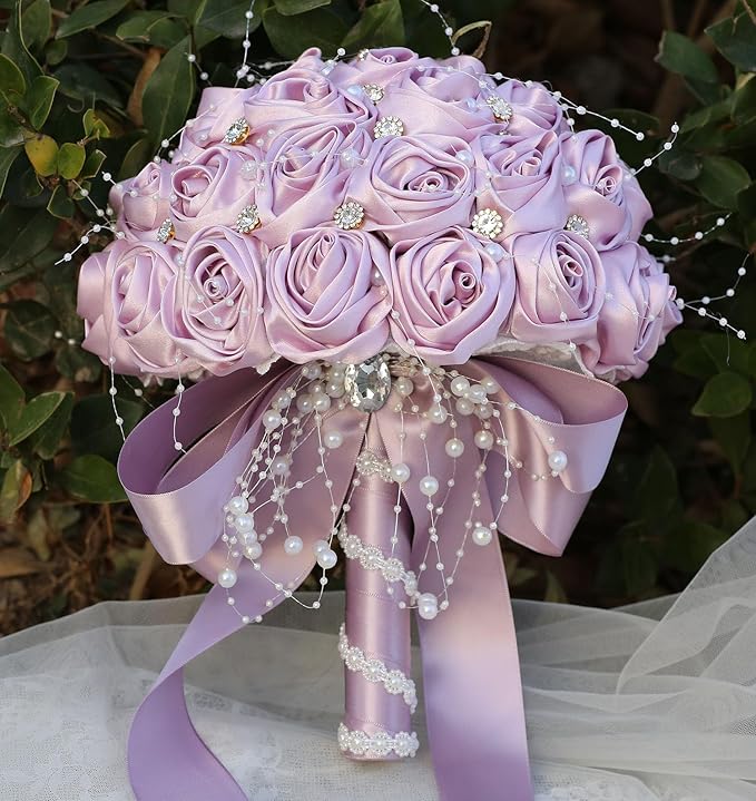 Bridal Wedding Bouquet Round Bling Brooch Bouquet Throw Toss Artificial Rose Flower Bunch for Bride Bridesmaid Wedding Quinceanera(Light Taro Purple, 6.3")