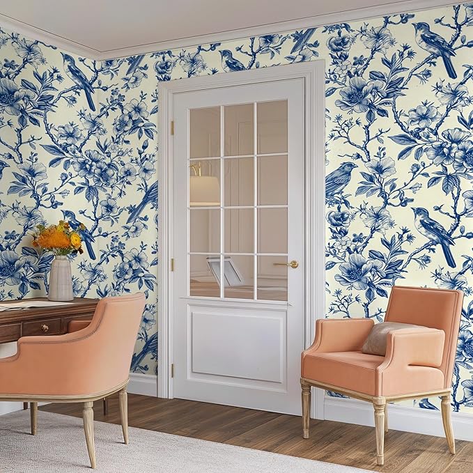 Floral Peel and Stick Vintage Animal Wallpaper Blue Bird Removable Botanical Leaf 17.7" x 118.11" Wall Paper Watercolor Self Adhesive Contact Paper for Classroom Bedroom Laundry Room Bathroom